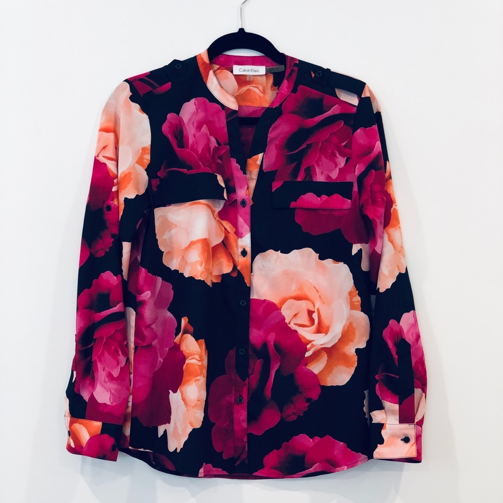 Calvin Klein black and pink floral blouse